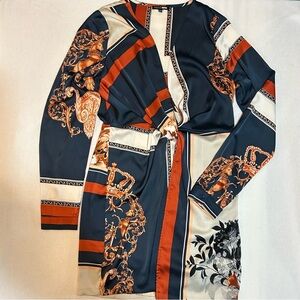 Baroque Print Knot Front Mini Dress Long Sleeve V-Neck Size 14